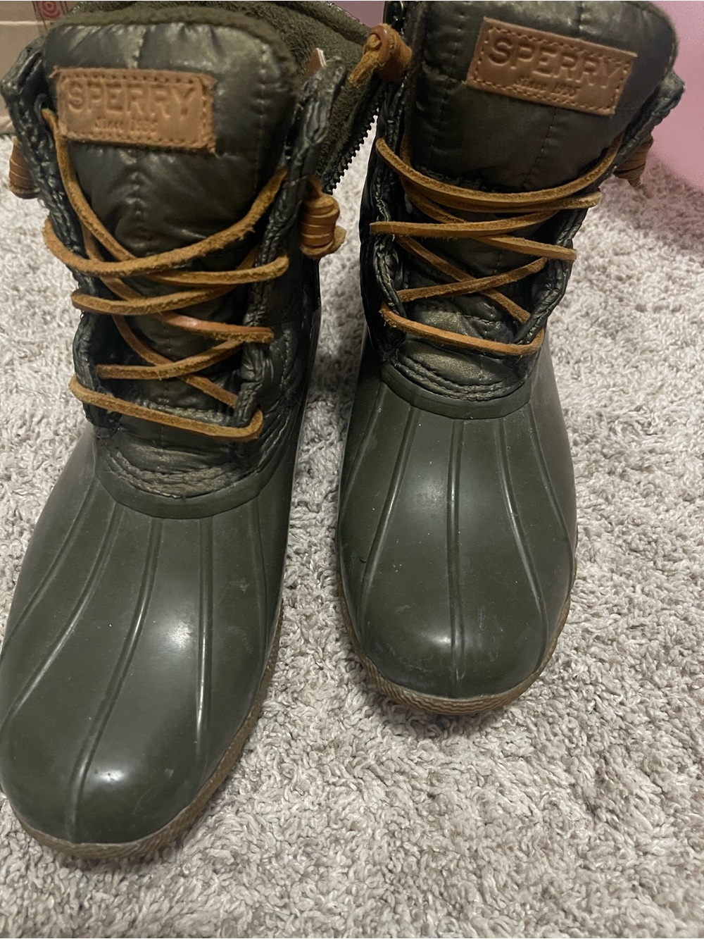 Sperry Olive and Brown Waterproof Duck Boots